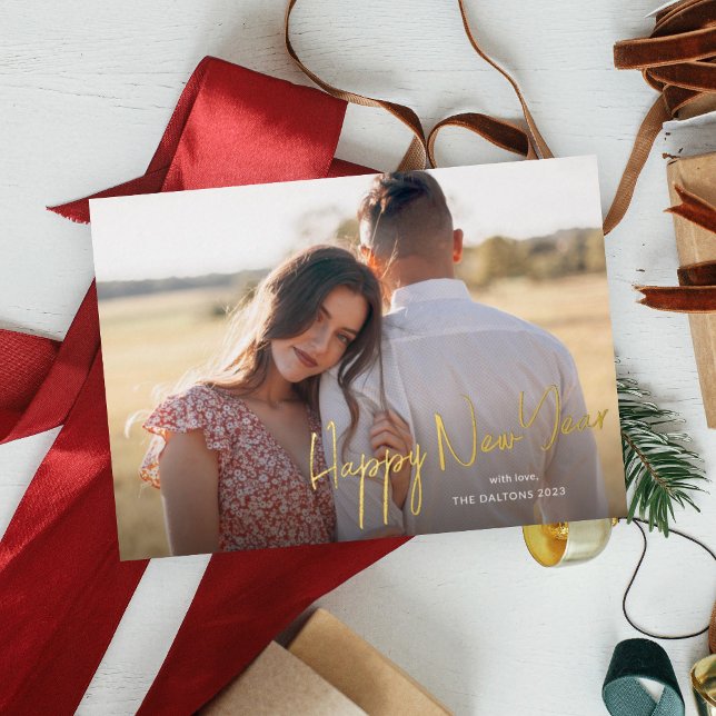 Modern Happy New Year Script Simple Photo Foil Holiday Card (Creator Uploaded)
