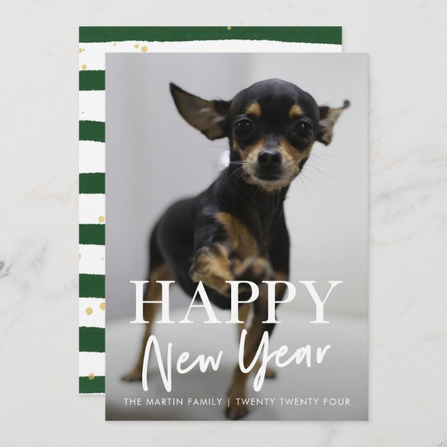 Modern Happy New Year Script Stripes One Photo Holiday Card (Front/Back)