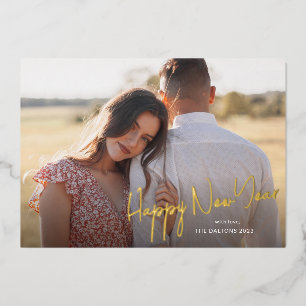 Modern Happy New Year Simple Script Photo Foil Holiday Card