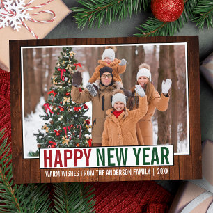 Modern Happy New Year Wood Photo Postcard