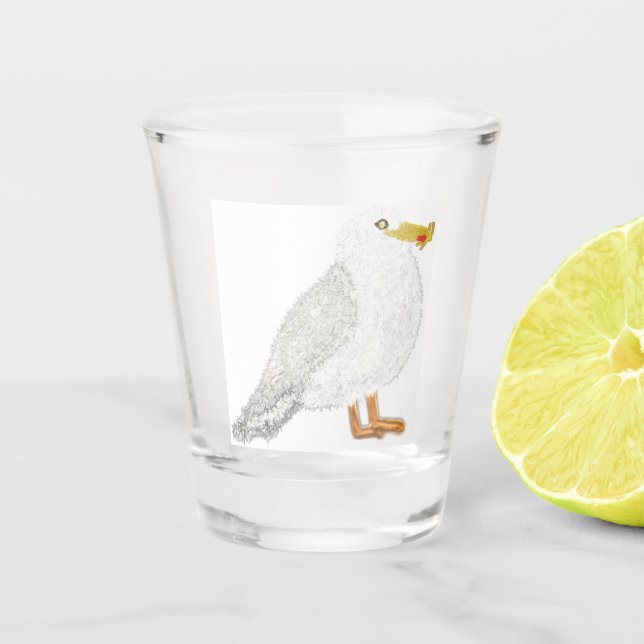 Modern happy seagull with French fries Shot Glass (Front)