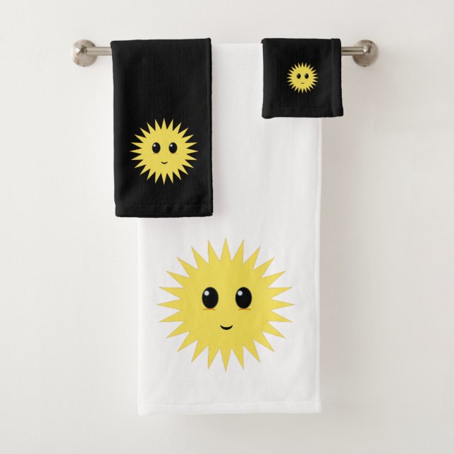 Modern Happy Sun Face on Black & White Bath Towel Set (Insitu)