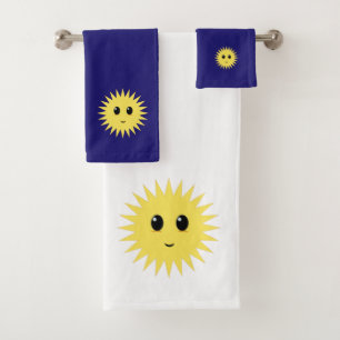 Modern Happy Sun Face on Navy Blue & White Bath Towel Set