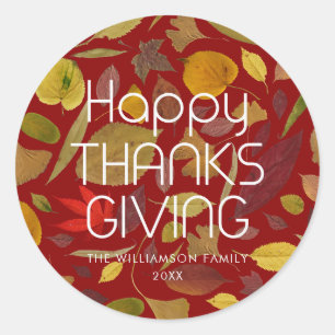 Modern Happy Thanksgiving Fall Leaves Favour Classic Round Sticker