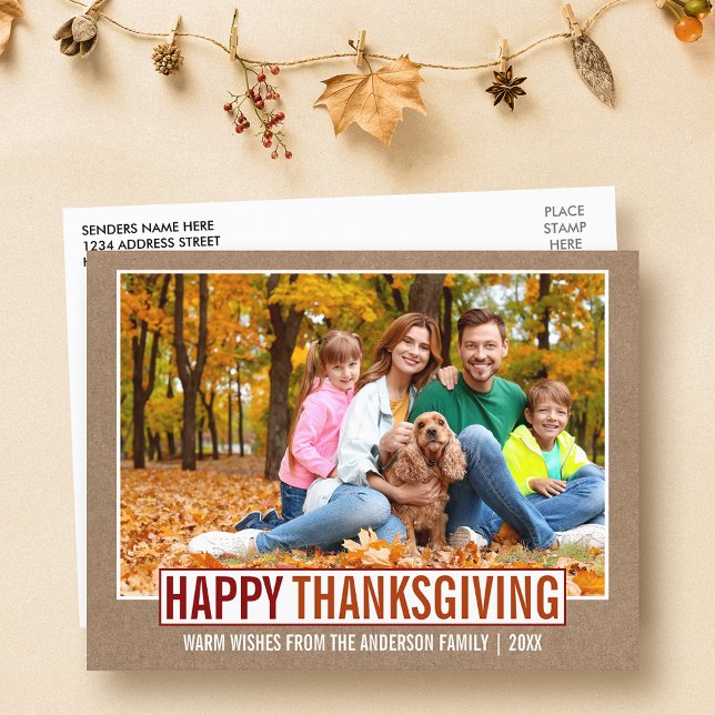 Modern Happy Thanksgiving Family Photo Kraft Postcard (Customize to change your personalized text size or text style.)
