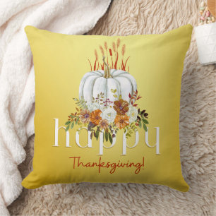 Modern Happy Thanksgiving Floral Pumpkin Yellow   Cushion