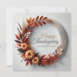 Modern Happy Thanksgiving Floral Wreath Custom  Holiday Card