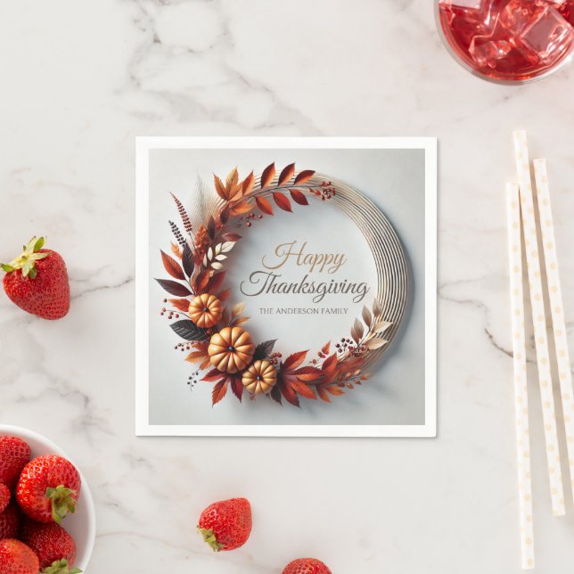 Modern Happy Thanksgiving Floral Wreath Custom  Napkin (Insitu)