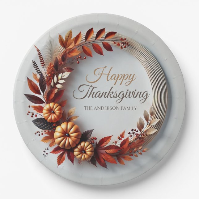 Modern Happy Thanksgiving Floral Wreath Custom  Paper Plate (Front)