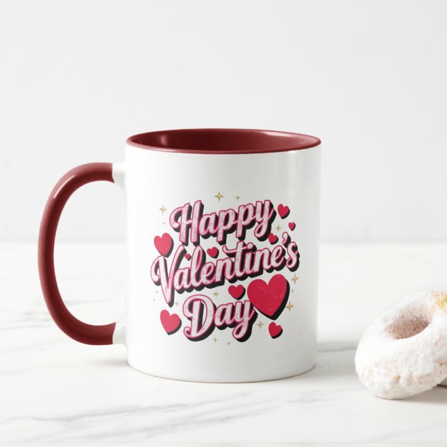 Modern Happy Valentine's Day Script Text Hearts   Mug (With Donut)
