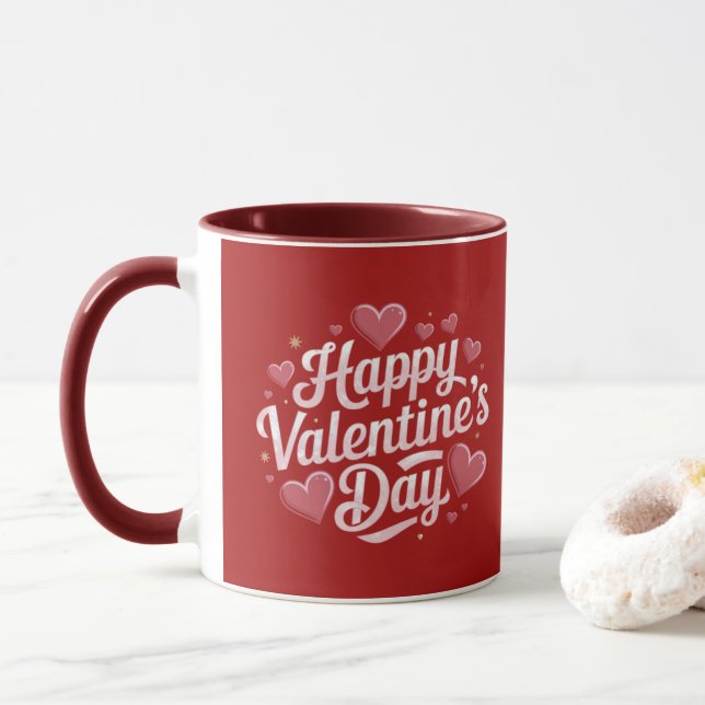 Modern Happy Valentine's Day Script Text Hearts   Mug (With Donut)