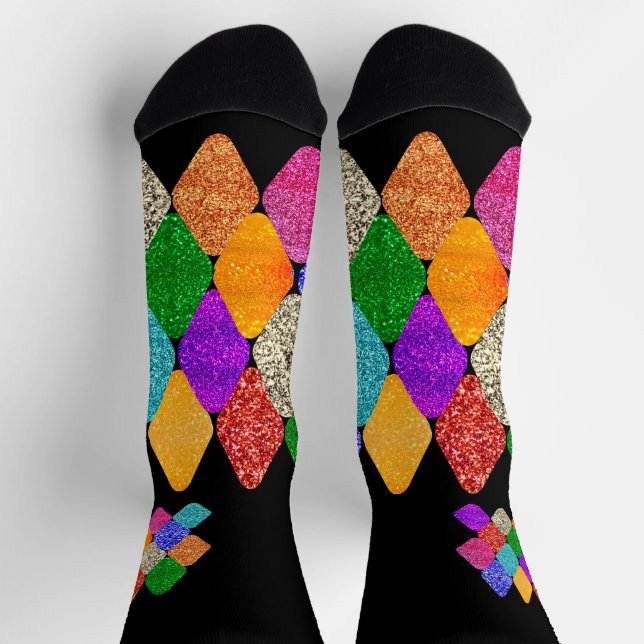 Modern Harlequin Pattern Sparkly Mardi Gras  Socks (Top)