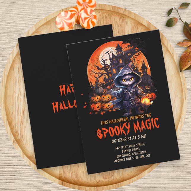 Modern Haunted House Black Cat Witch Halloween Invitation (Creator Uploaded)