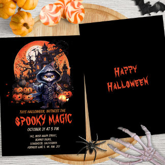 Modern Haunted House Black Cat Witch Halloween Invitation