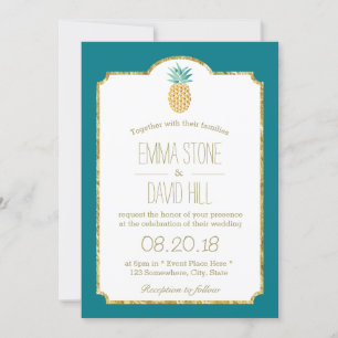 Modern Hawaiian Pineapple Gold Framed Wedding Invitation