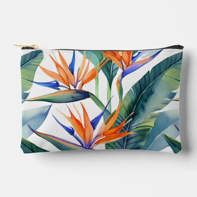 Modern hawaiian print bird of paradise pattern accessory pouch (Front)