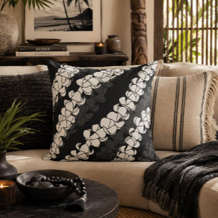 Modern Hawaiian Puakenikeni Lei Pattern Black Cushion