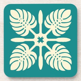 Modern Hawaiian Quilt Green Paddle Monstera Coaste Coaster