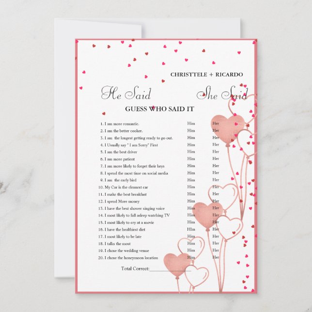 Modern He said she said Bridal shower game card (Front)