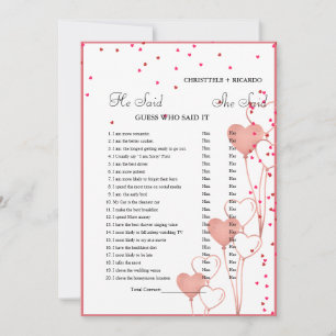 Modern He said she said Bridal shower game card