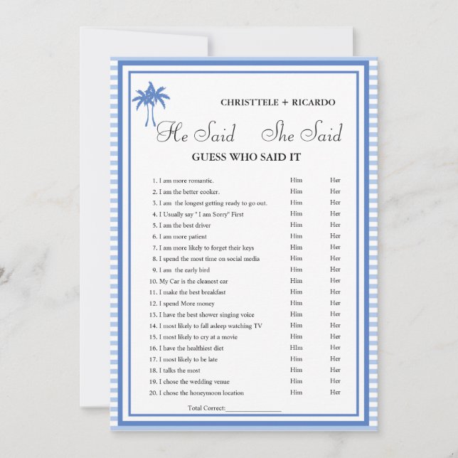 Modern He said she said Bridal shower game card (Front)