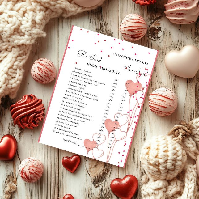 Modern He said she said Bridal shower game card (Creator Uploaded)