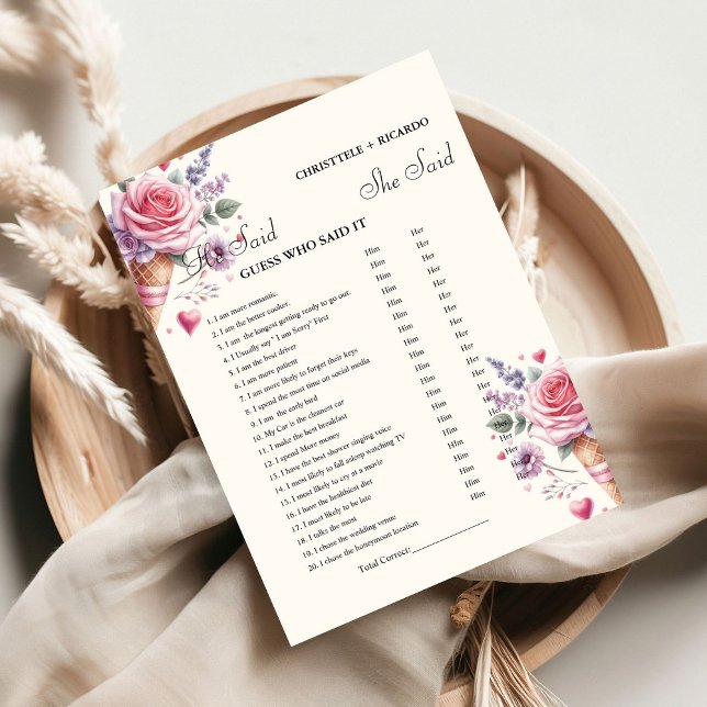 Modern He said she said Bridal shower game card (Creator Uploaded)