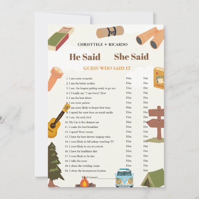 Modern He said she said Bridal shower game card (Front)