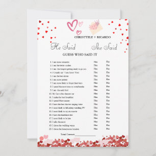 Modern He said she said Bridal shower game card