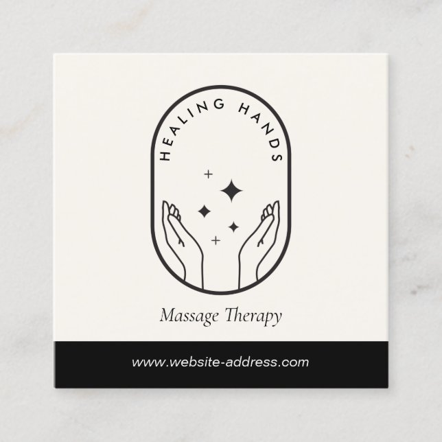 Modern Healing Hands Massage Black and Ivory Logo Square Business Card (Front)
