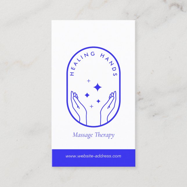 Modern Healing Hands Massage, Wellness Blue Logo Business Card (Front)