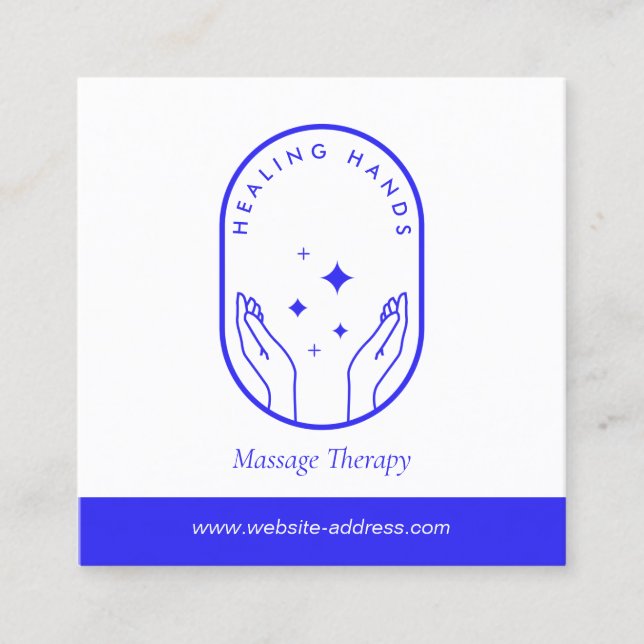 Modern Healing Hands Massage, Wellness Blue Logo Square Business Card (Front)