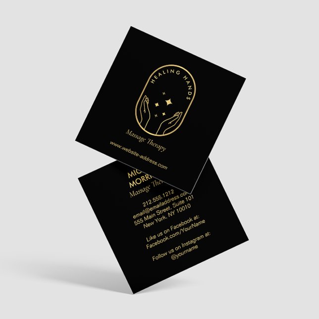 Modern Healing Hands Massage, Wellness Gold Logo Square Business Card (Creator Uploaded)