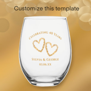 Modern Heart 40th Wedding Anniversary Personalized Stemless Wine Glass