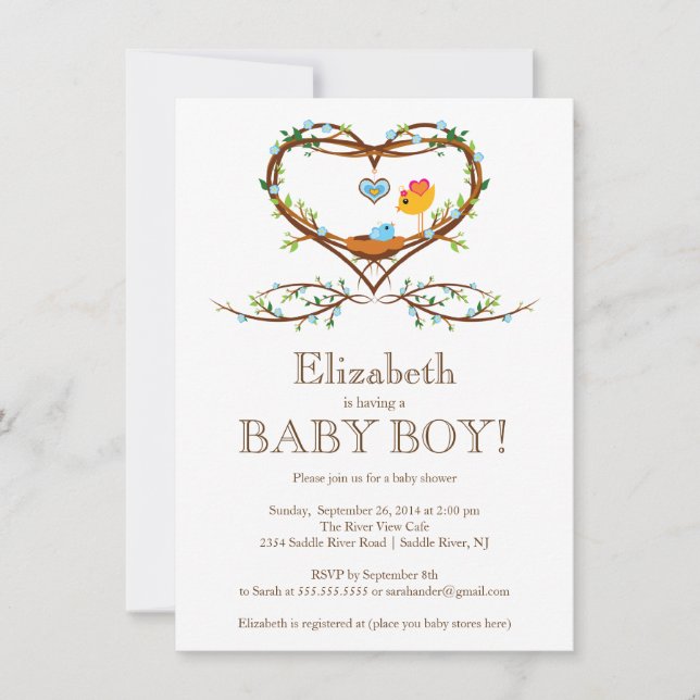 Modern Heart baby bird Boys Baby Shower Invitation (Front)