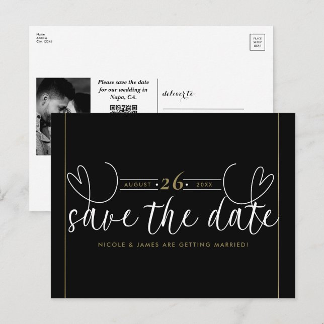Modern Heart Black White Chic Save the Date Announcement Postcard (Front/Back)