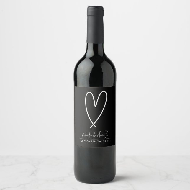 Modern Heart Black & White Minimal Wedding Wine Label (Front)