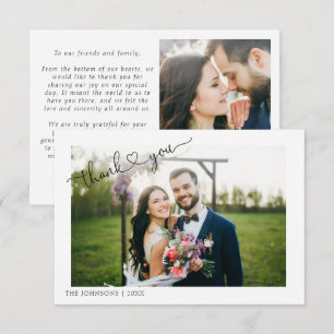 Modern Heart Calligraphy 2 Photo Wedding Thank You Card