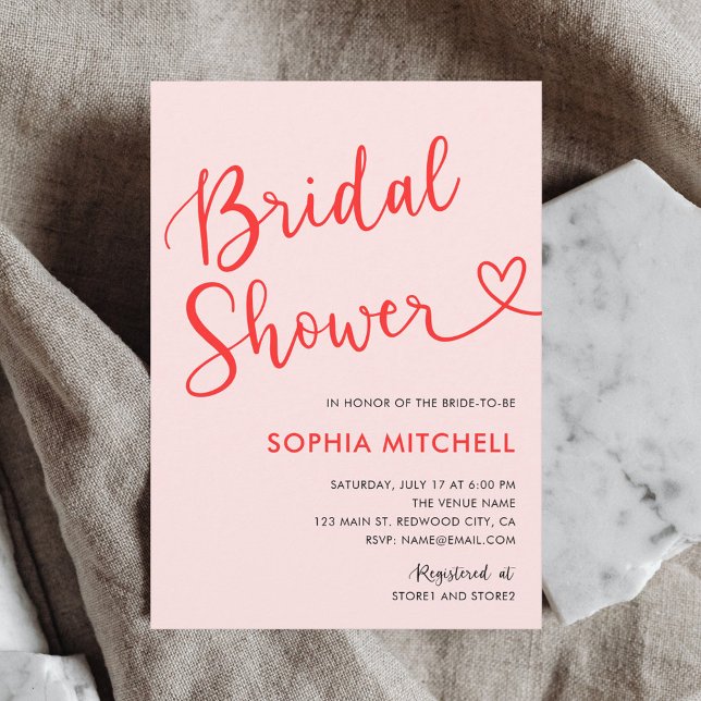 Modern Heart Calligraphy Bridal Shower Pink Red Invitation (Creator Uploaded)