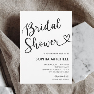 Modern Heart Calligraphy Bridal Shower White Invitation