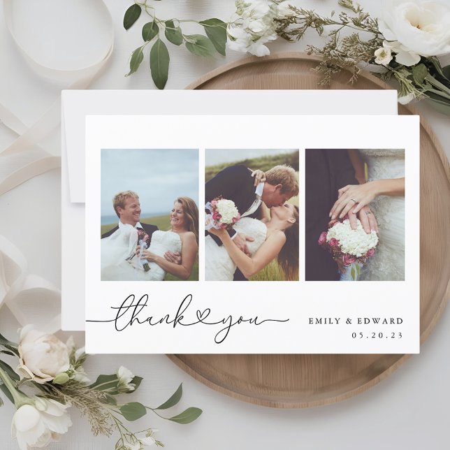  Modern Heart Calligraphy Photo Collage Wedding Thank You Card (Creator Uploaded)