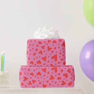Modern Heart Confetti Red on Pink Wrapping Paper
