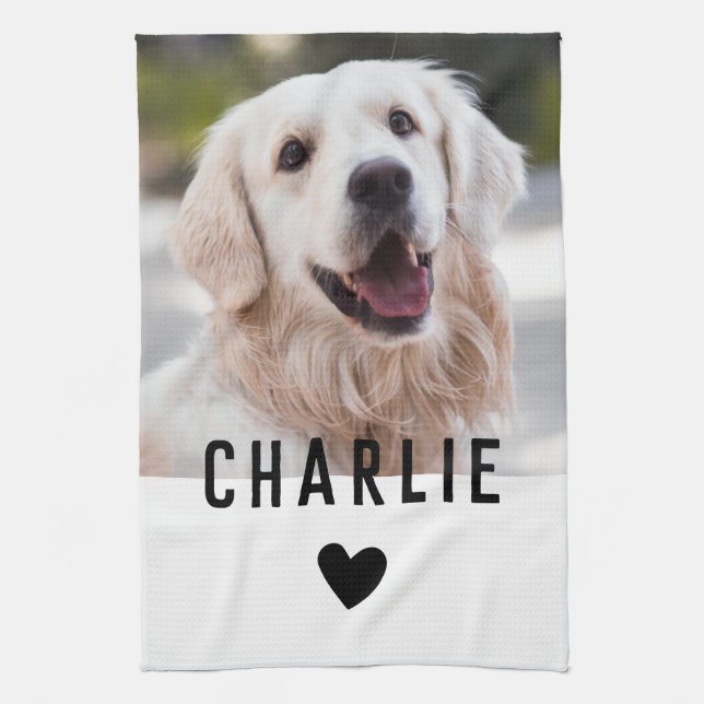 Modern Heart Dog Photo Name Tea Towel (Vertical)