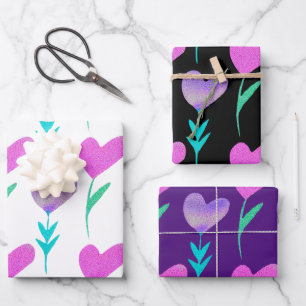 Modern Heart Flower Patterned Valentines  Wrapping Paper Sheet