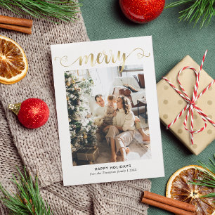 Modern Heart Gold Merry Script Photo Christmas Holiday Card