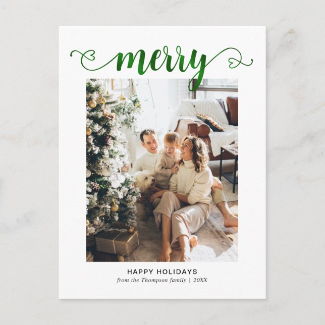 Modern Heart Gold Merry Script Photo Christmas Holiday Postcard (Front)