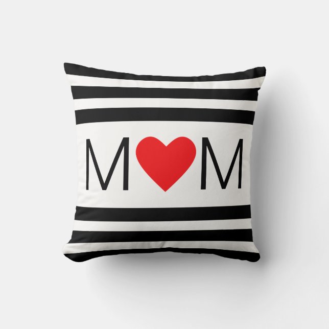 Modern Heart Mum on Black & White Striped Cushion (Front)