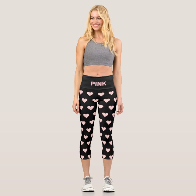 Modern Heart Pattern & Editable Pink Text on Black Capri Leggings (Front)