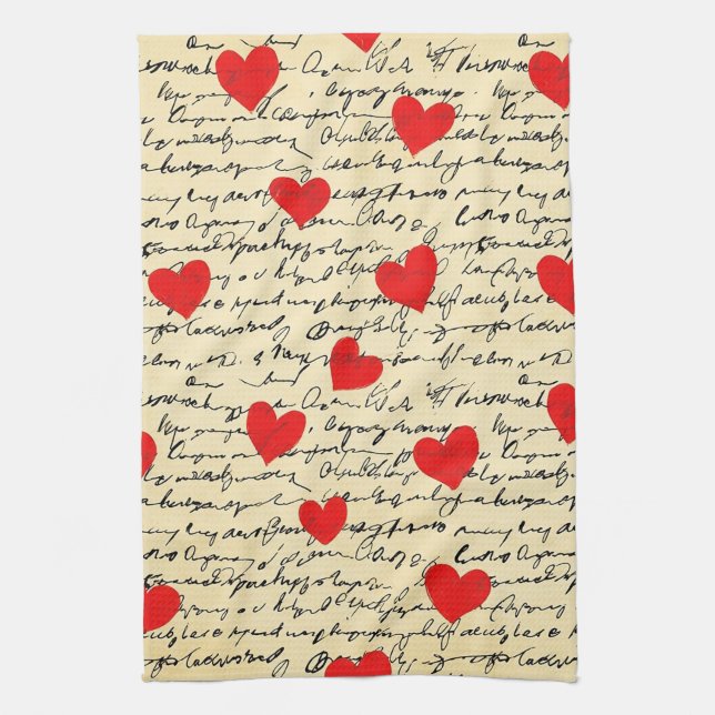 Modern Heart Pattern with Script Background (17) Tea Towel (Vertical)
