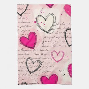 Modern Heart Pattern with Script Background (18) Tea Towel